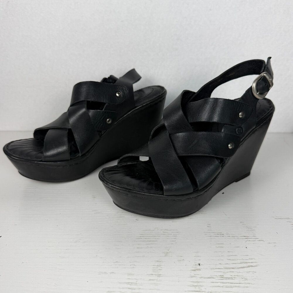 Born Women’s 6 /36.5 Black Leather Strappy Platform Wedge Sandals Boho Heels